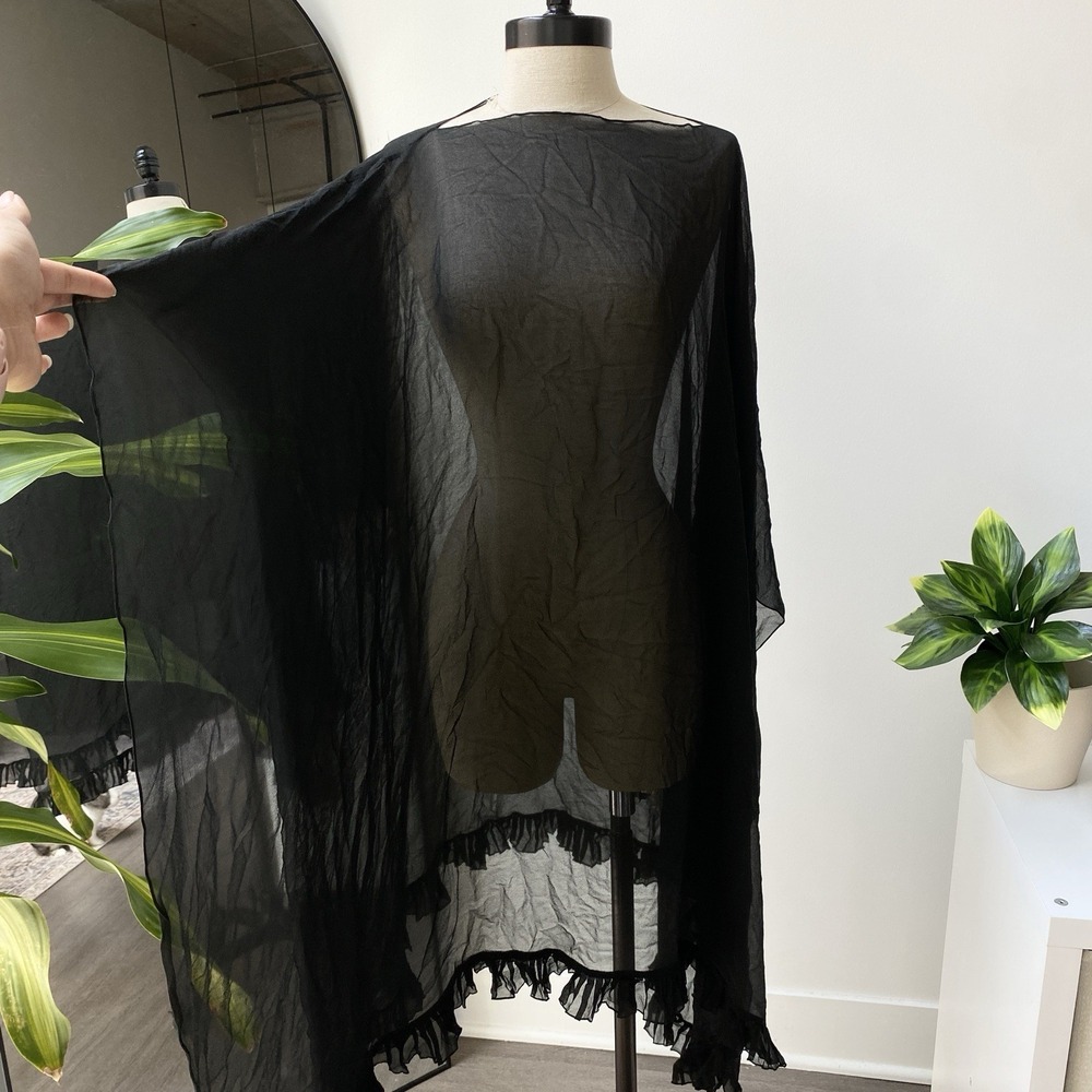 100% Silk Worth Black Sheer Poncho Cape Kimono Ruffled Bottom One Size